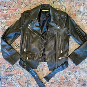 Gianni Bini Leather Moto Jacket Black Genuine Leather Belted $349
